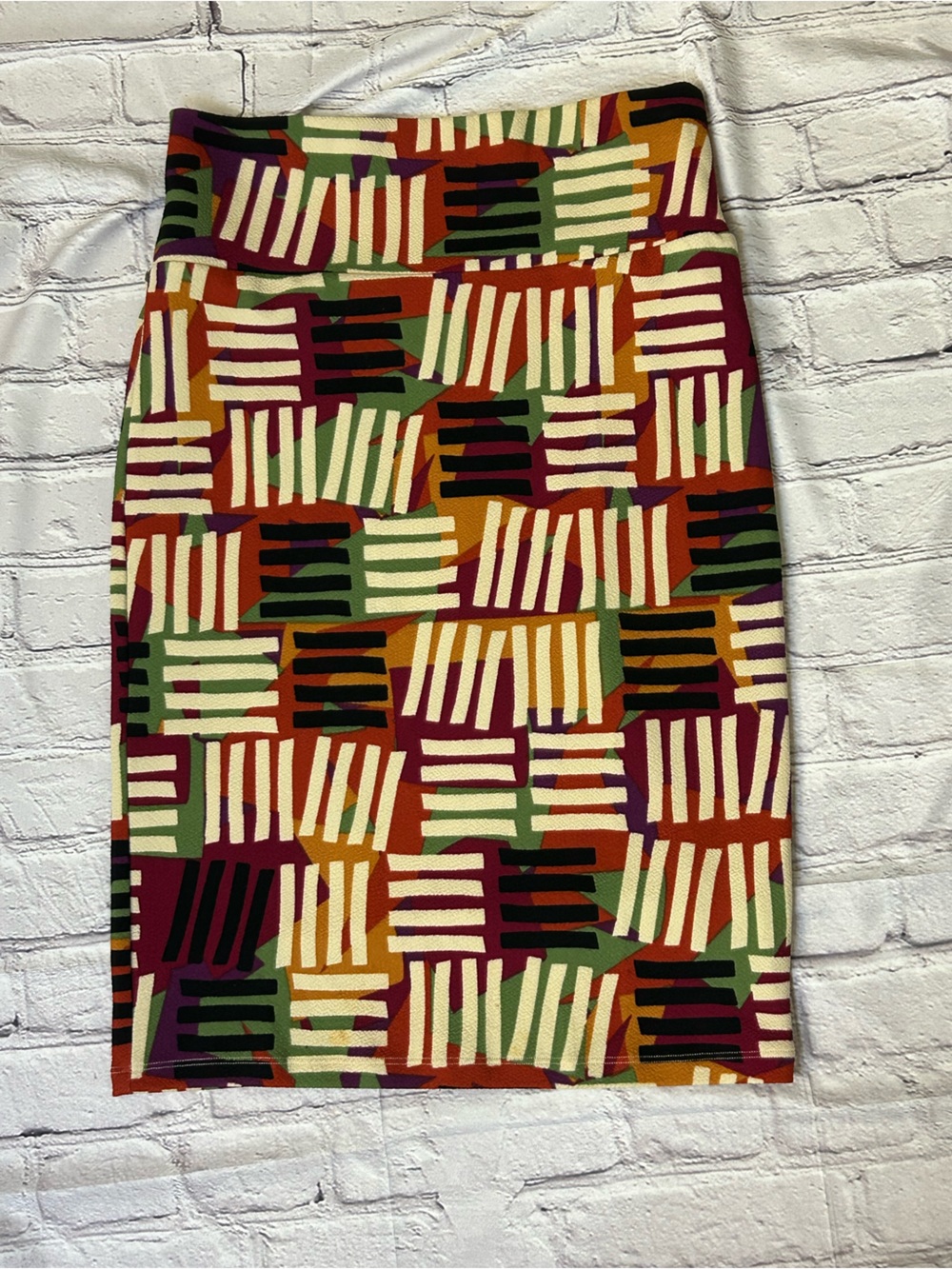 LuLaRoe Pencil Skirt in Burgundy, Mustard, Olive, Cream & Black Geometric Print